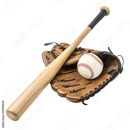 A wooden baseball bat, a leather baseball glove, and a baseball are arranged on a transparent background. 