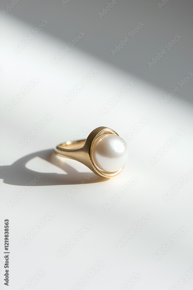 Elegant gold ring with a single pearl, softly lit against a white background. Perfect for jewelry advertising. Elegant gold ring with a single pearl, softly lit against a white background. Perfect for jewelry advertising.