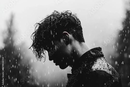 A person standing in a rainstorm, their head bowed and body language reflecting both shame and a desire to hide
