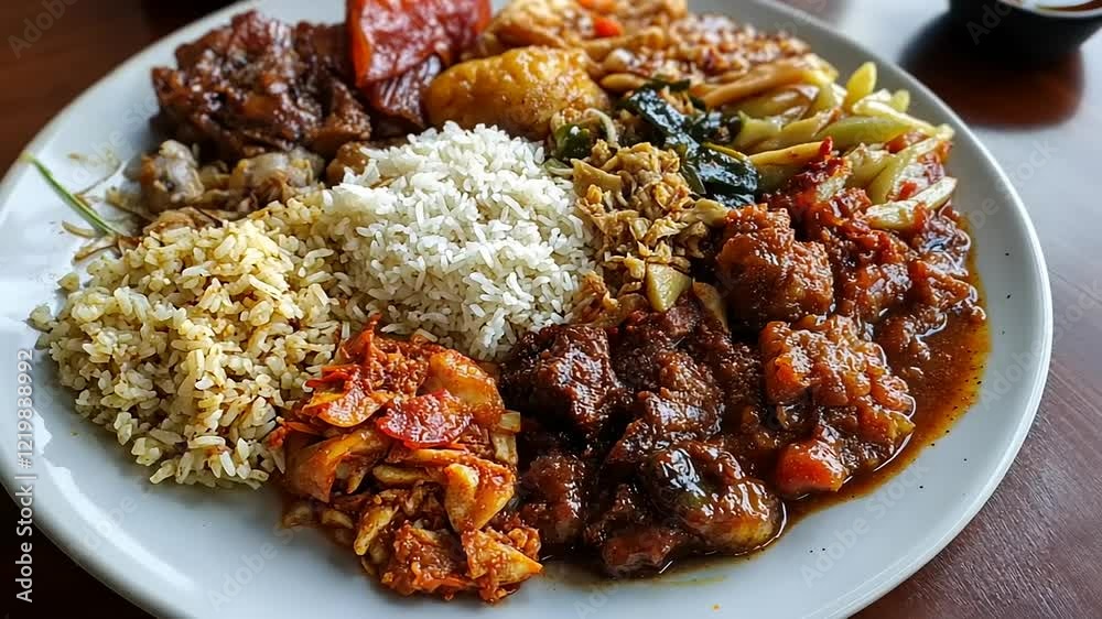 Aromatic Indonesian Nasi Campur: A Plate of Rice with Various Curries and Vegetables