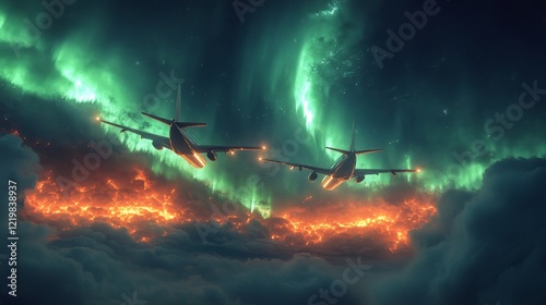 Two modern aircraft flying amidst the vibrant aurora borealis and electric storms