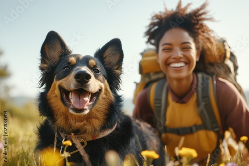 A person walking their dog in the park, laughing as the dog unexpectedly rolls in the grass, their face full of amused delight photo