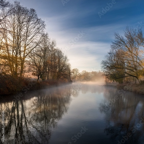 Generated image A calm river with fog rising from the surface, surrounded by bare autumn trees