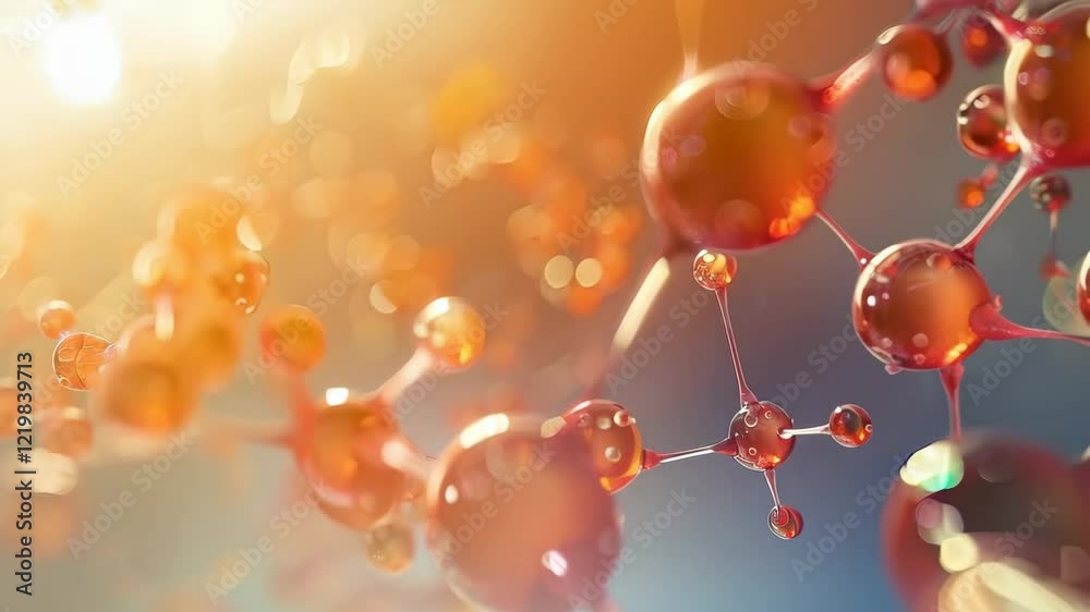 Gold molecule peptide collagen background, 3D molecular oil laboratory background, jojoba cosmetic science banner. Yellow liquid bubble, vitamin medical skin care poster beauty chemistr