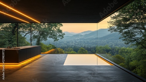 Modern kitchen interior with forest view at sunset.