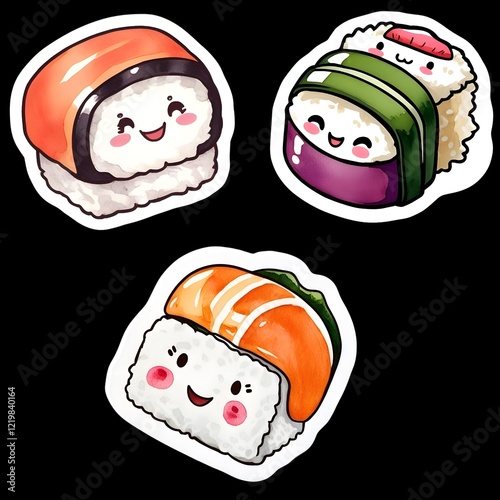 watercolor style sushi vector sticker, PNG, cute poster, PNG bundle, clipart, isolated background