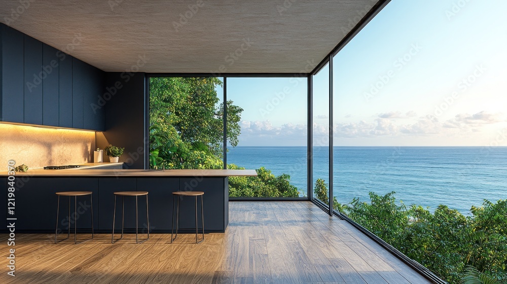 Fototapeta premium Modern kitchen with ocean view at sunrise.