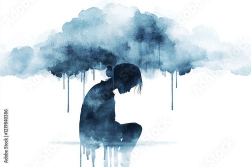 A soft watercolor painting of a person sitting under a stormy sky, their head bowed as rain softly blends into their silhouette, symbolizing shame and regret