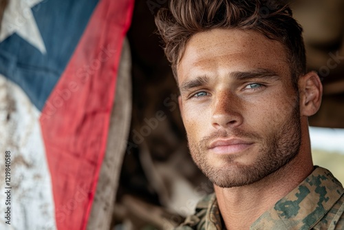 A soldier in uniform standing at attention, with a faint but proud smile, framed by a backdrop of their national flag photo