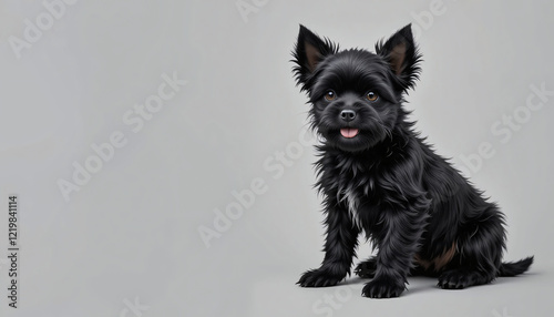 A highly detailed and realistic full-body image of a black Affenpinscher puppy dog, fluffy fur, small dog breed, sitting dog, happy dog, adorable puppy, cute dog, playful puppy, isolated background
