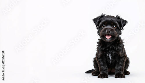 A highly detailed and realistic full-body image of a black Affenpinscher puppy dog, fluffy fur, small dog breed, sitting dog, happy dog, adorable puppy, cute dog, playful puppy, isolated background