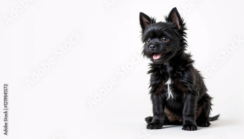 A highly detailed and realistic full-body image of a black Affenpinscher puppy dog, fluffy fur, small dog breed, sitting dog, happy dog, adorable puppy, cute dog, playful puppy, isolated background
