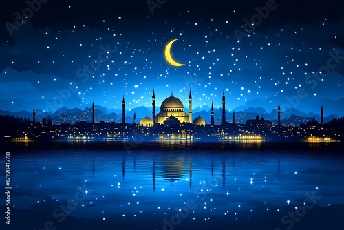 Night Cityscape Mosque Crescent Moon Starry Sky Reflection photo