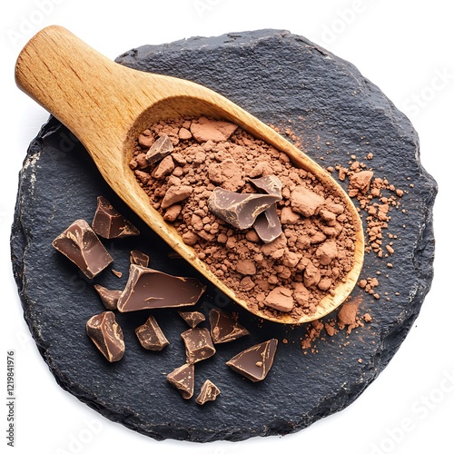 Premium Natural Chocolate and Cocoa Powder in a Wooden Spoon