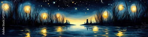 Enchanting Night River Scene with Illuminated Lanterns, Starlit Sky, and Reflective Waters Creating a Serene Dreamlike Atmosphere Perfect for Relaxation