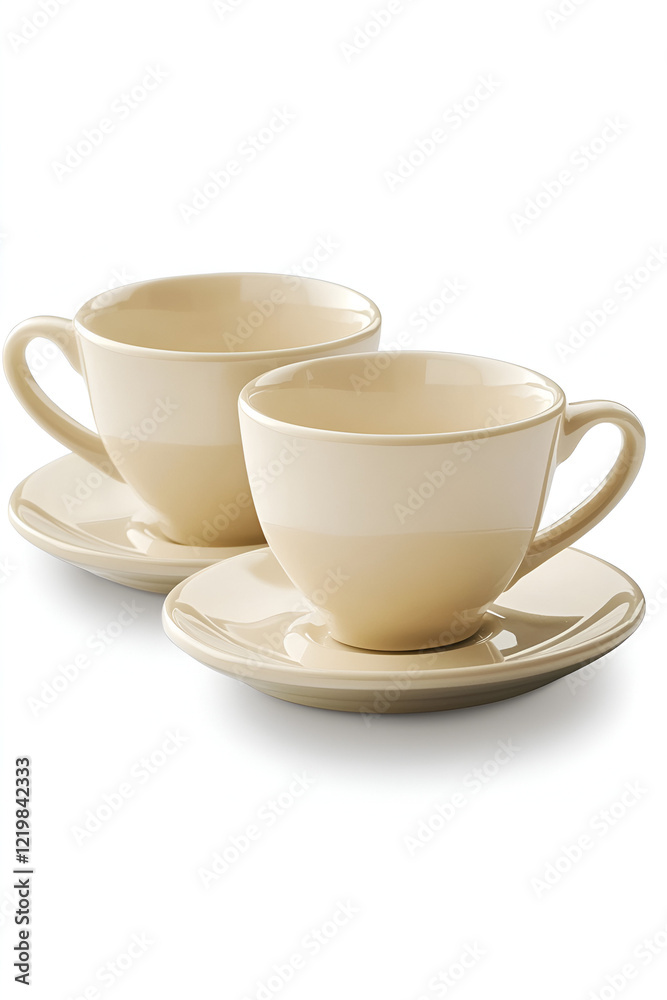 Two beige coffee cups and saucers, elegantly arranged on a white background. Two beige coffee cups and saucers, elegantly arranged on a white background.
