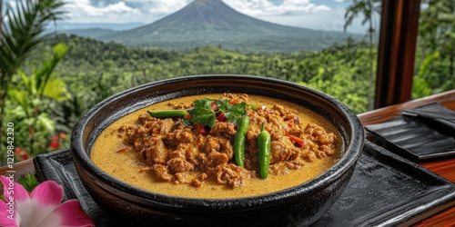 Delicious Southeast Asian Curry Dish with Aromatic Spices and Vegetables, Served in Scenic Tropical Landscape with Mountain View and Natural Ambiance photo