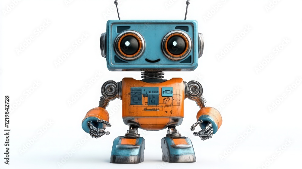 Fototapeta premium A whimsical, vintage-style robot stands on a white background with a charming smile