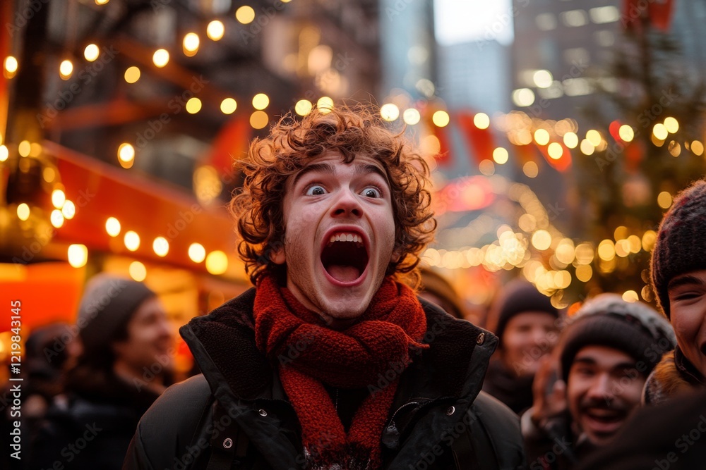 Fototapeta premium A young man in a crowded street, looking shocked as a street performer pulls a surprising stunt, with bystanders laughing and clapping