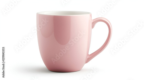 A single, light pink ceramic mug with a curved handle, isolated on a white background. Perfect for hot beverages.
