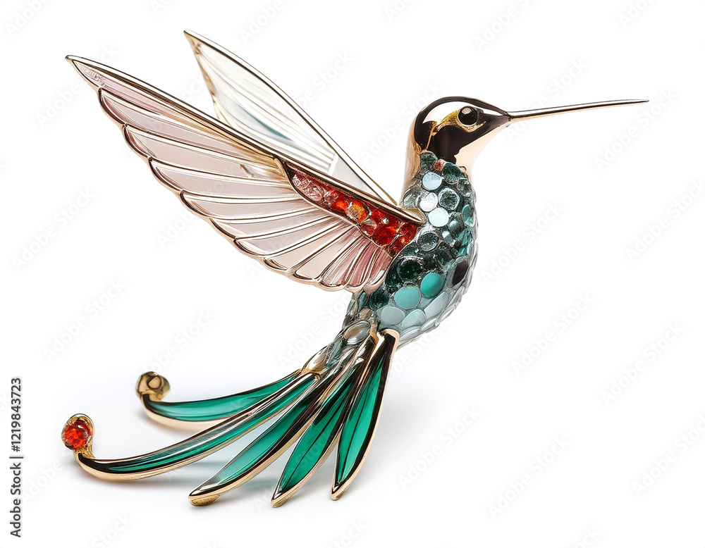 Obraz premium ガラスのハチドリのブローチ。白背景。（Glass hummingbird brooch on white background） 