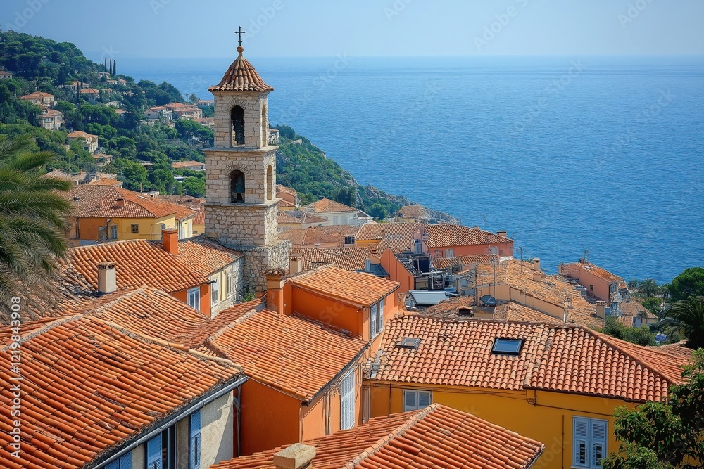Obraz premium Mediterranean town nestled against hillside overlooking vast blue sea. Terracotta-tiled roofs, pastel-colored buildings create picturesque scene. Bell tower stands tall. Vacation destination in