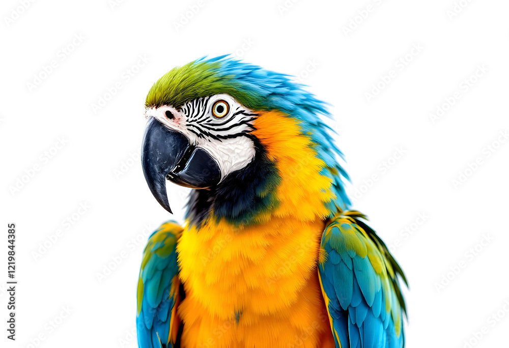 Vibrant Macaw Parrot Close-up Against White Background Vibrant Macaw Parrot Close-up Against White Background