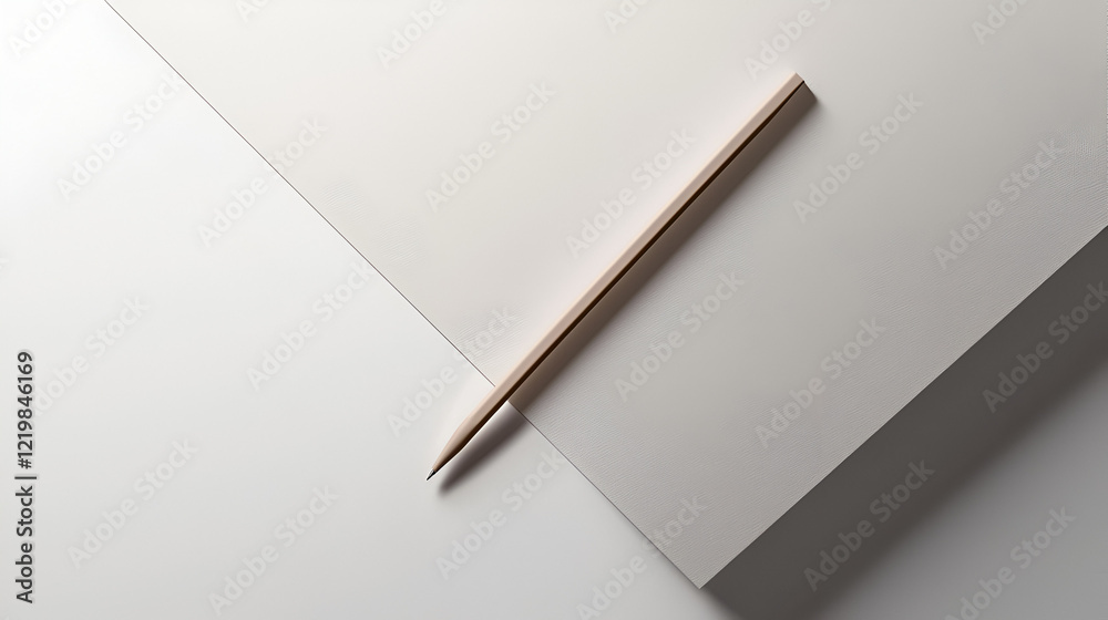 A light beige pencil rests diagonally on two intersecting white sheets of paper, creating a minimalist composition. A light beige pencil rests diagonally on two intersecting white sheets of paper, creating a minimalist composition.