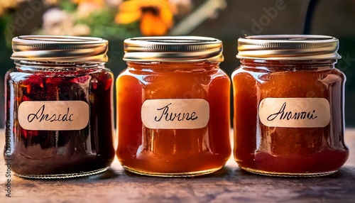 Generated image  A close-up of jars of homemade jam and preserves with handwritten labels