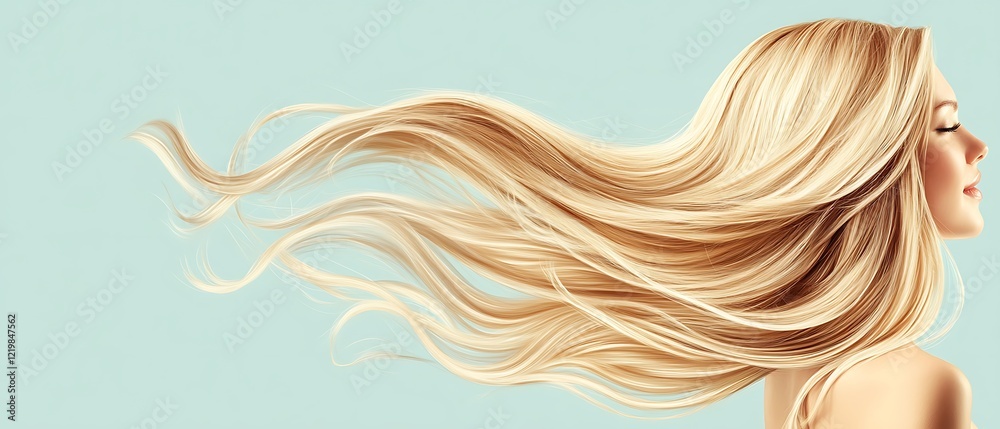 A joyful young woman with long, well-kept blonde hair is featured on a pastel flat background, providing an excellent space for a hair care products banner for a salon. A joyful young woman with long, well-kept blonde hair is featured on a pastel flat background, providing an excellent space for a hair care products banner for a salon.
