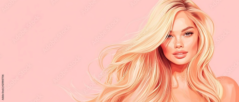 A smiling young woman with beautifully styled long blonde hair is set against a pastel backdrop, ideal for a hair care products advertisement for a salon. A smiling young woman with beautifully styled long blonde hair is set against a pastel backdrop, ideal for a hair care products advertisement for a salon.