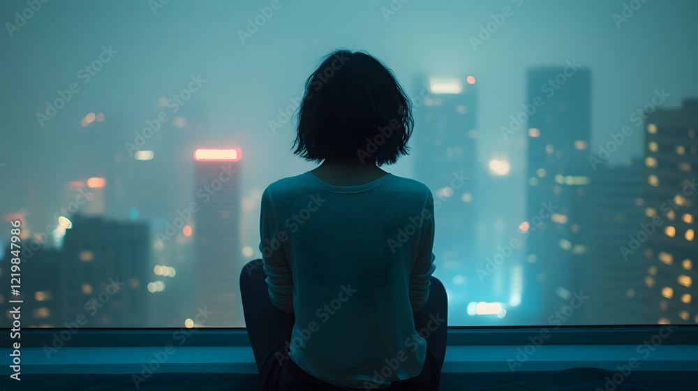 A serene young woman gazes at a misty city skyline at night. A serene young woman gazes at a misty city skyline at night.