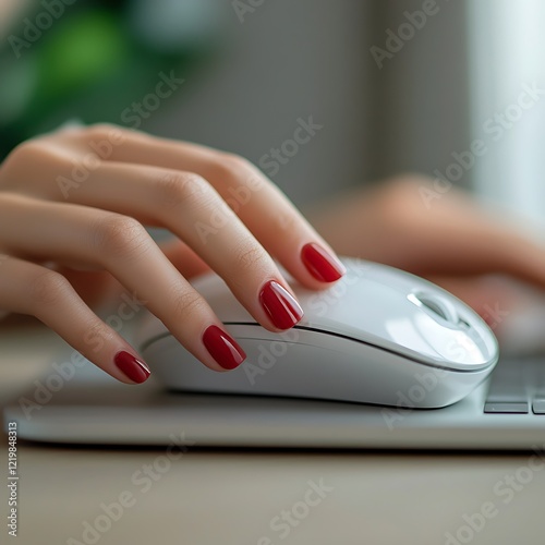 Professional Woman Clicking Wireless Mouse on Office Desk