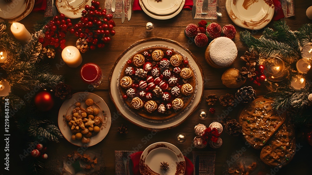 Festive holiday dessert table filled with a variety of baked goods and decorations. Festive holiday dessert table filled with a variety of baked goods and decorations.
