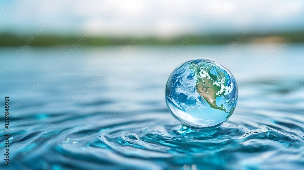 A crystal-clear globe reflecting North America, floating on tranquil water ripples. A crystal-clear globe reflecting North America, floating on tranquil water ripples.