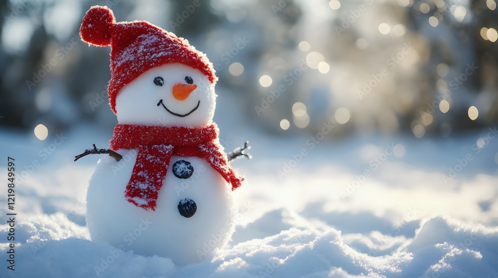 A cheerful snowman in a red hat and scarf stands in a snowy landscape. A cheerful snowman in a red hat and scarf stands in a snowy landscape.