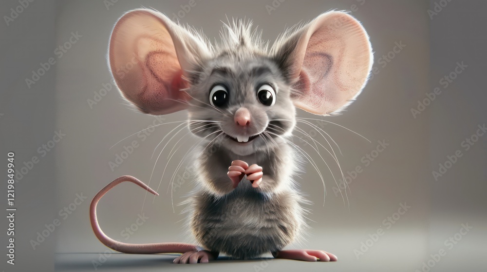 Obraz premium A cute cartoon mouse with oversized ears, a pink nose, shiny fur, and a bushy tail sits charmingly, radiating warmth against a soft gray background.