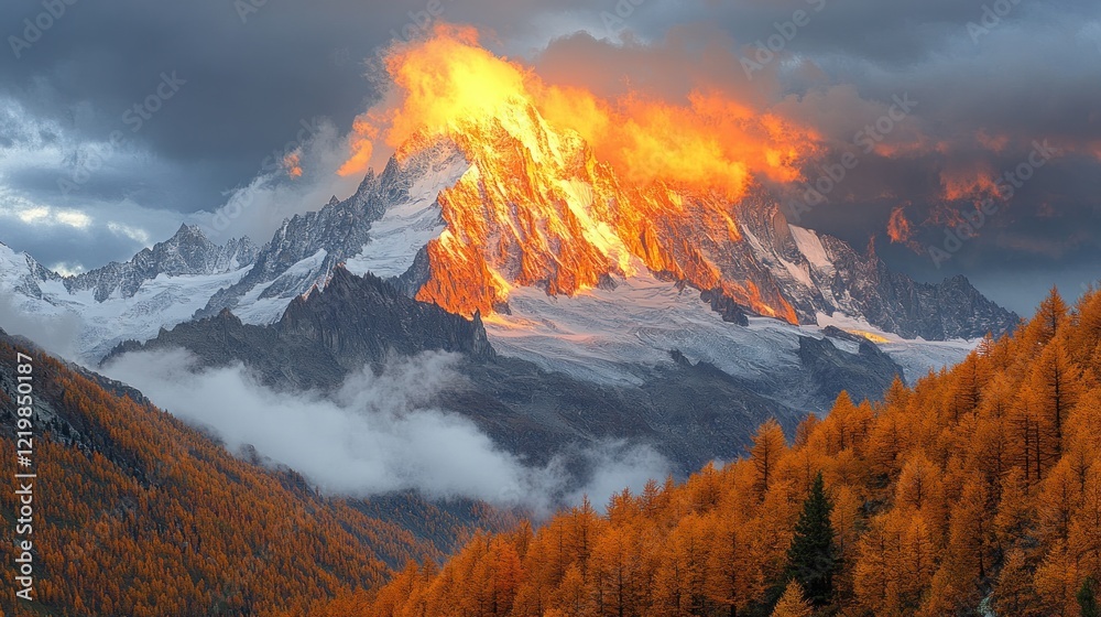 Fototapeta premium Mountains glow under setting sun with autumn trees.