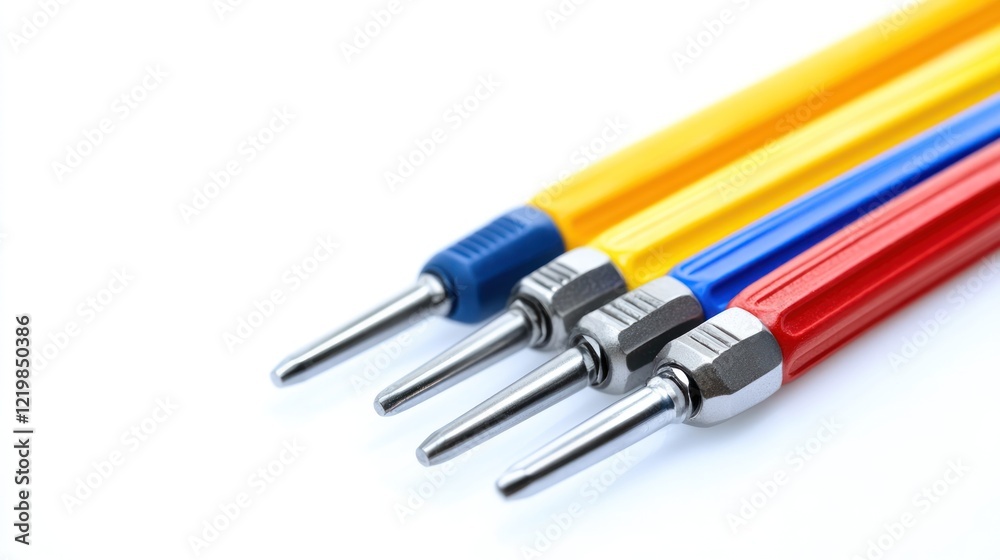 Colorful Precision Tools: A Close-Up of Three Metal-Tipped Hand Tools