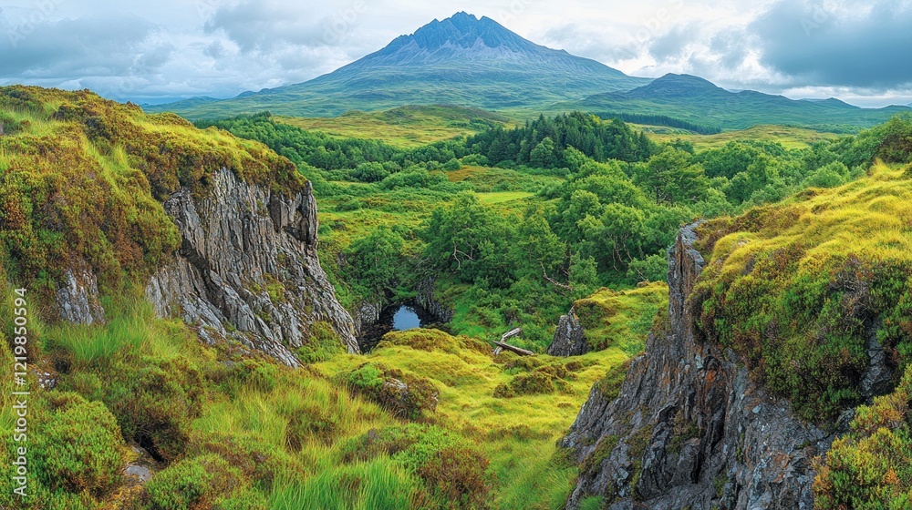 Mountain view, green landscape with rocks and small pond. Mountain view, green landscape with rocks and small pond.