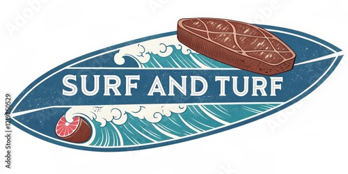 Surf and Turf Illustration Steak on Surfboard with Ocean Wave and Grapefruit, graphic, food illustration Surfboard Design, Steak Illustration