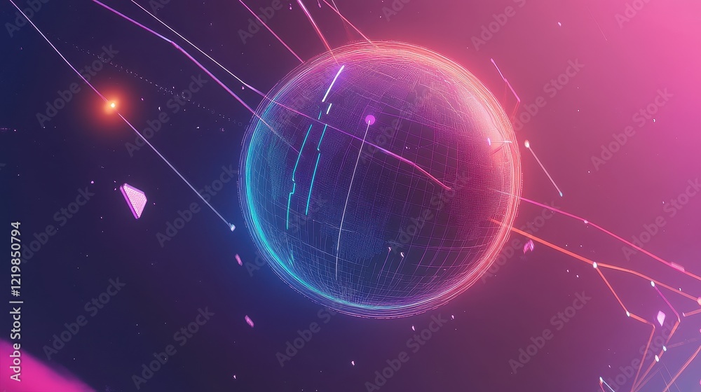 Obraz premium A floating digital globe with animated network lines representing real-time trade flows, isometric view, high-tech, gradient neon tones.