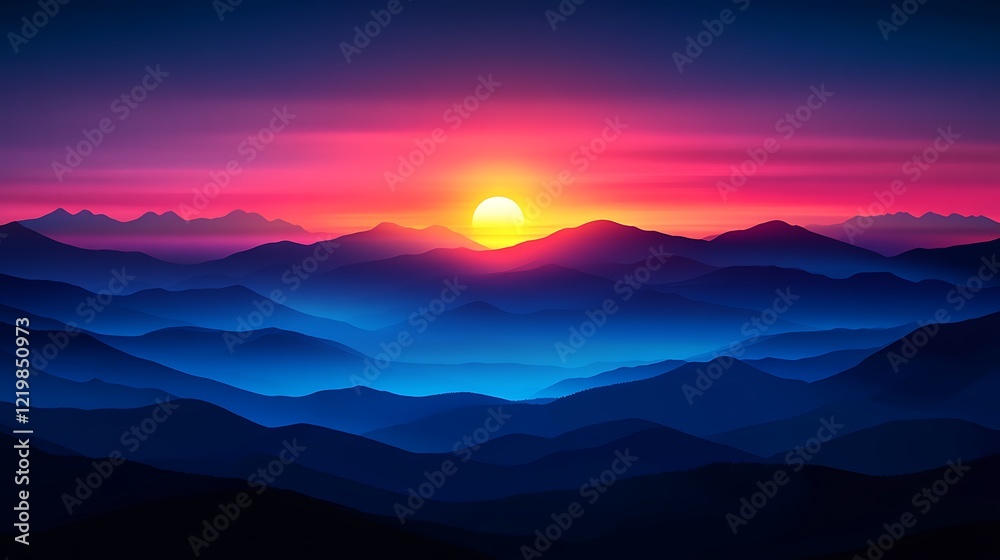 Fototapeta premium Majestic Sunset Over Serene Blue Mountains: A Vibrant Landscape Painting
