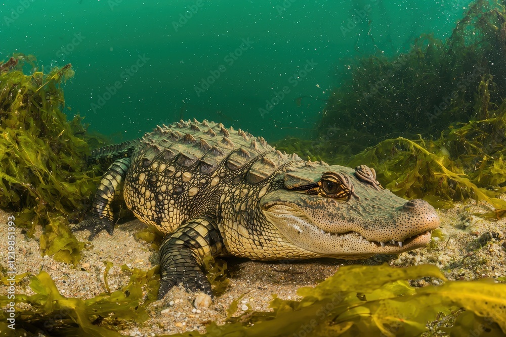 Naklejka premium A Chinese alligator resting in shallow waters of a marshland in the Yangtze River basin, its armored scales gleaming.