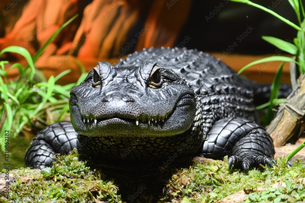 Fototapeta premium A Chinese alligator resting in shallow waters of a marshland in the Yangtze River basin, its armored scales gleaming.