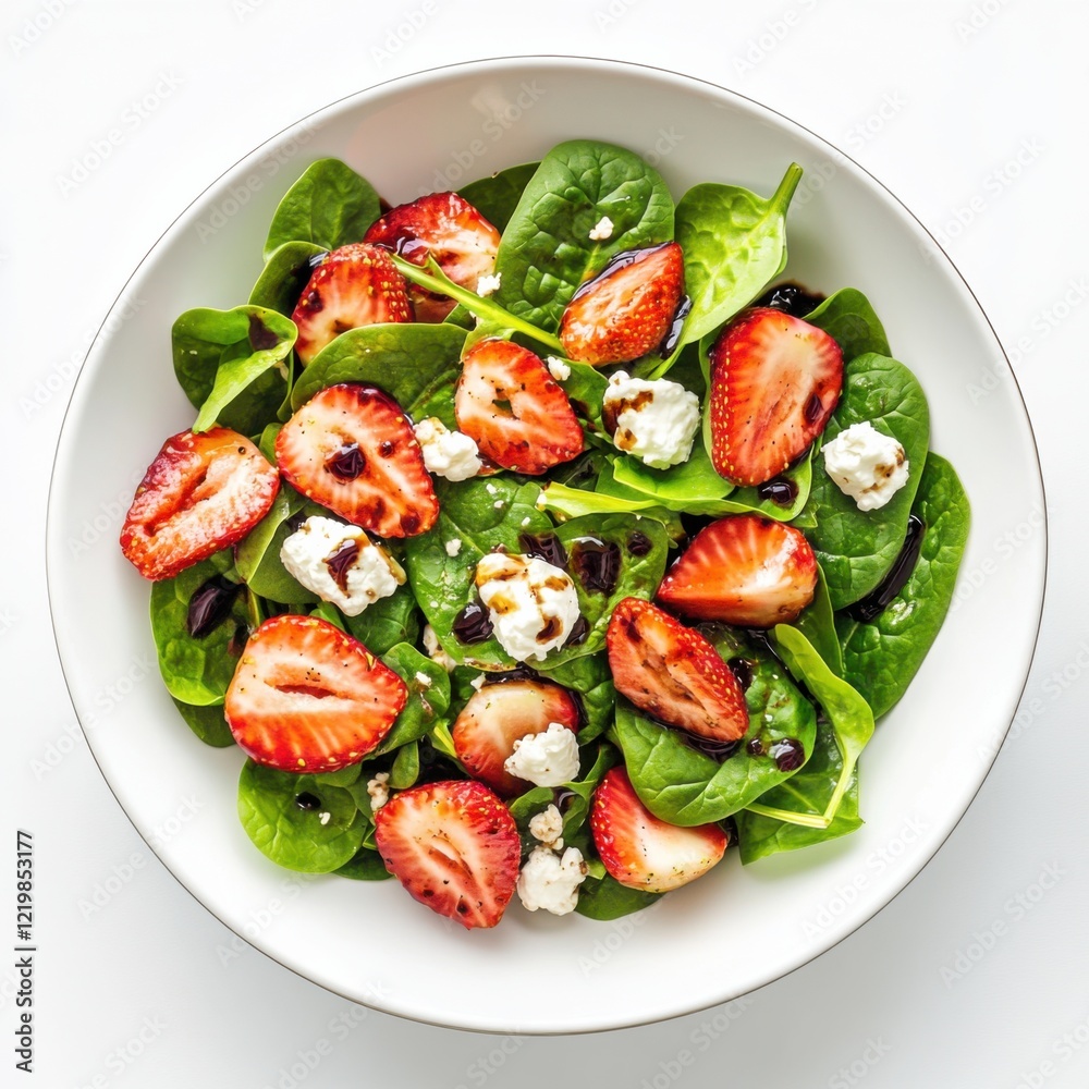 A refreshing spinach strawberry salad with goat cheese and balsamic vinaigrette, isolated white background, minimalistic art style A refreshing spinach strawberry salad with goat cheese and balsamic vinaigrette, isolated white background, minimalistic art style