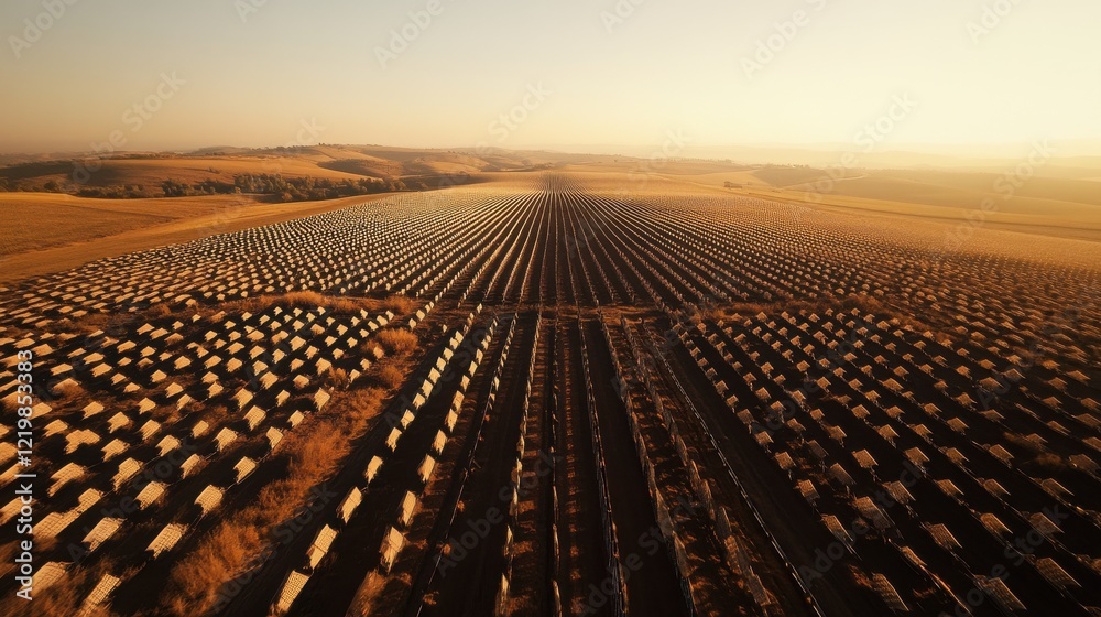 Fototapeta premium Aerial view of vast agricultural fields with rows of crops under a golden sunset sky