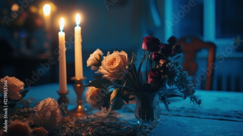 Elegant Evening Table Setting with Candles and Flowers