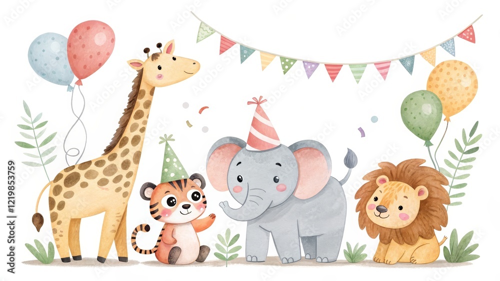 Naklejka premium Watercolor Safari Animals Birthday Party Cute Giraffe, Elephant, Tiger, Lion, Balloons and Bunting, Animal illustration, Party Decor Safari Animals