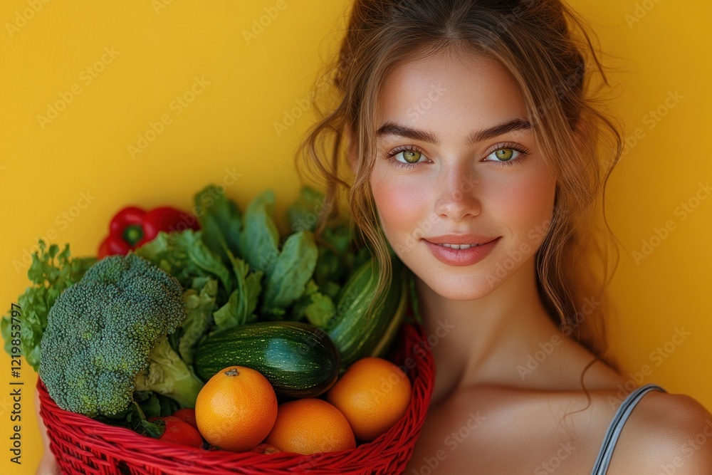 Naklejka premium Happy woman holding red basket with fresh vegetables and fruits shopping at supermarket against bright yellow background
